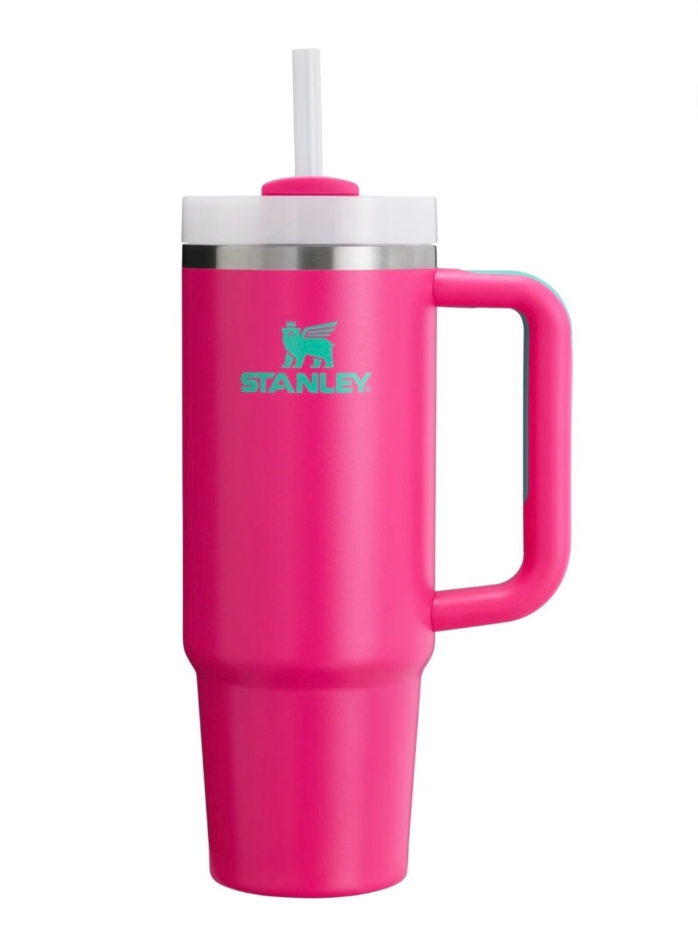 Stanley Hot Pink Travel Tumbler with White Lid and Turquoise Logo